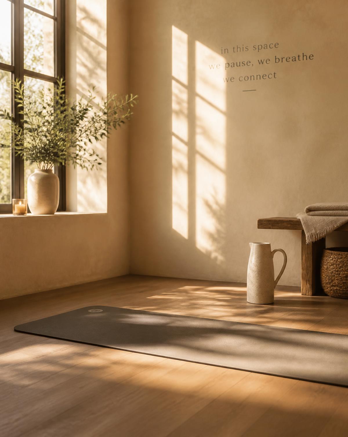 A warm, sunlight-drenched yoga studio corner with a mat and ceramic pitcher